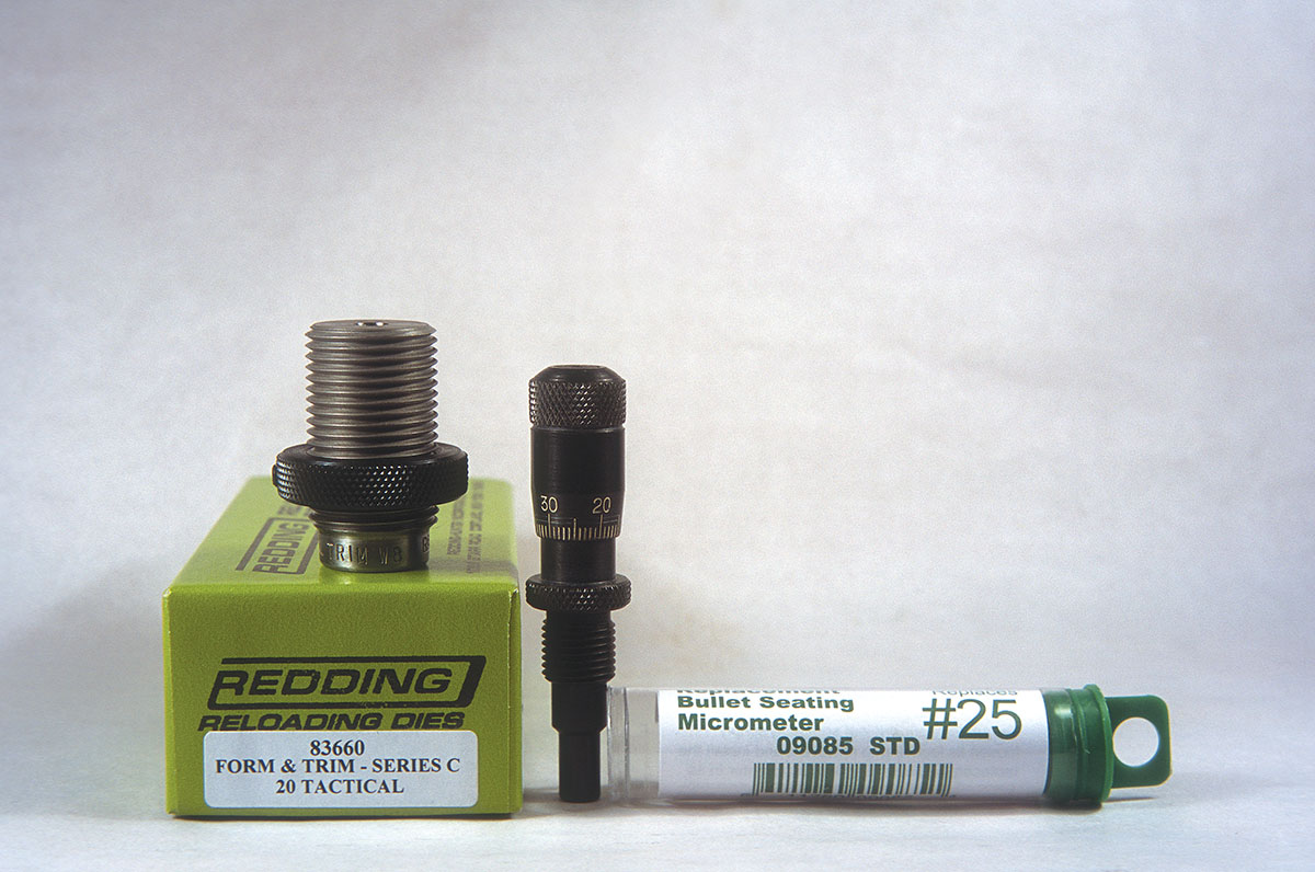 The Redding form-and-trim die is on the left, with a new micrometer adjustable seating stem for the bullet seating die. The latter came in handy for setting exact overall cartridge length for the various bullets used.